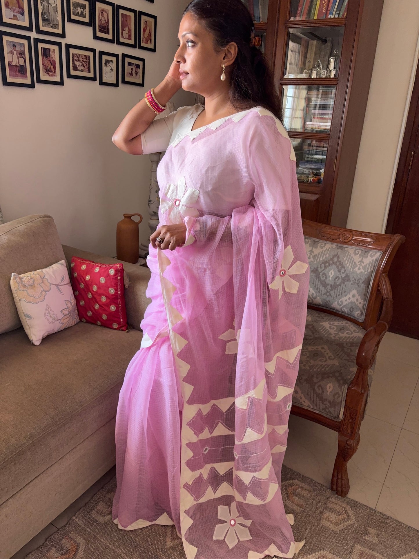 Kota cotton hand embroidered patchwork saree - Light pink