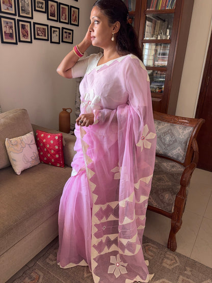 Kota cotton hand embroidered patchwork saree - Light pink