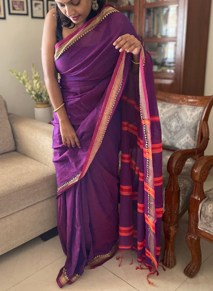 Handloom pure cotton saree with noksha border - purple