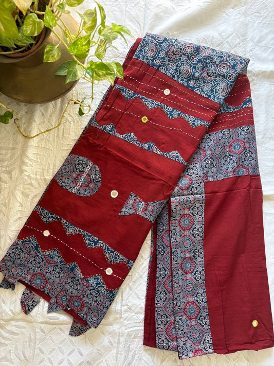 Cotton patchwork saree - Red Indigo