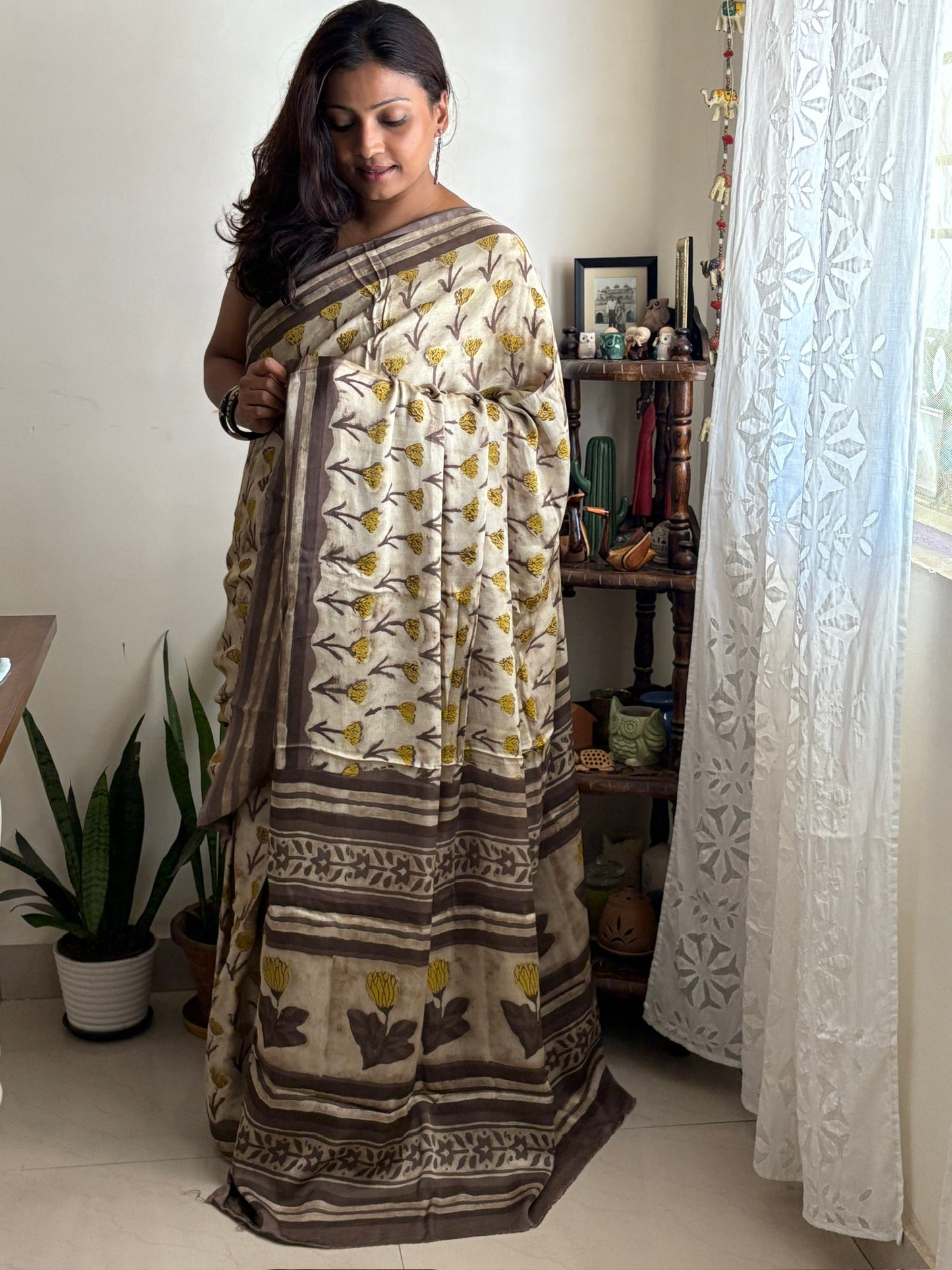 Naturally dyes Vanaspati Ajrak Modal silk saree - Beige brown