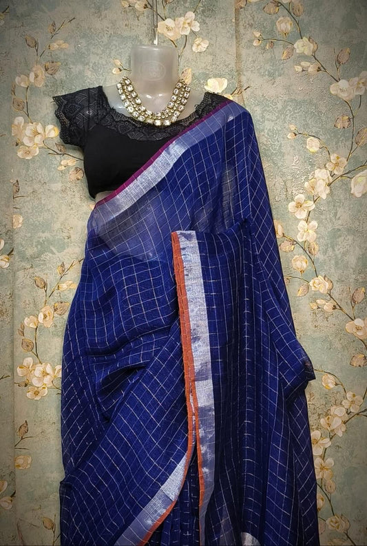 Linen handwoven check saree - Blue