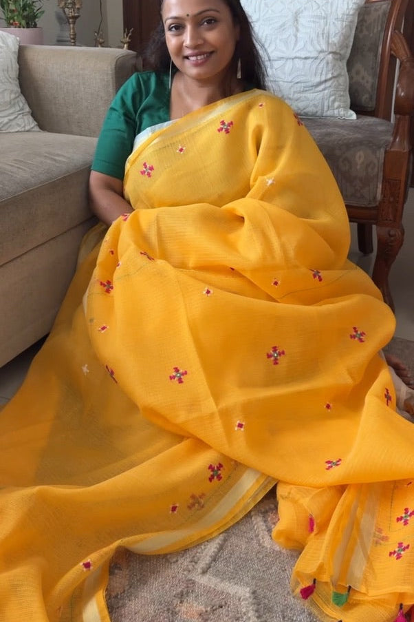 Kota Doria hand embroidered saree - Deep yellow