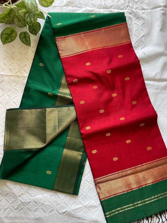 Sandhya - Pure Maheshwari Silk cotton saree (Green Red)