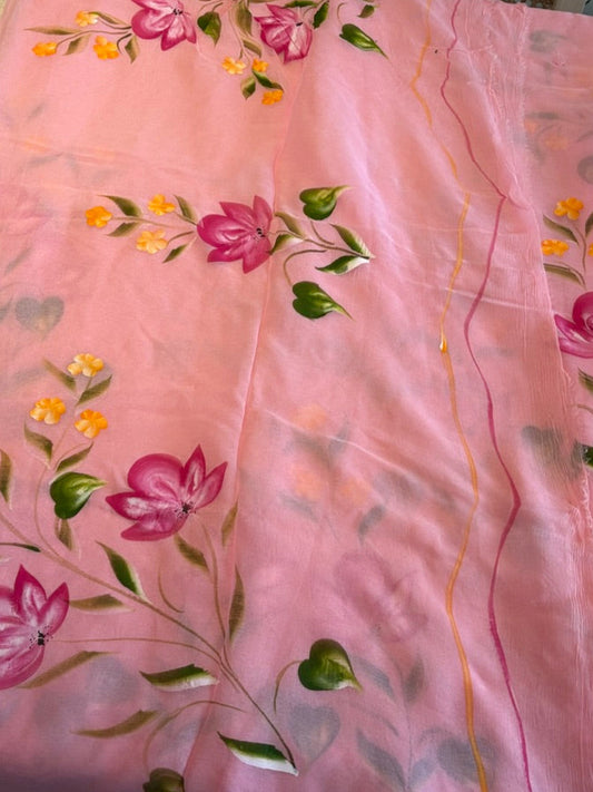 Handpainted Chiffon saree - Pink2