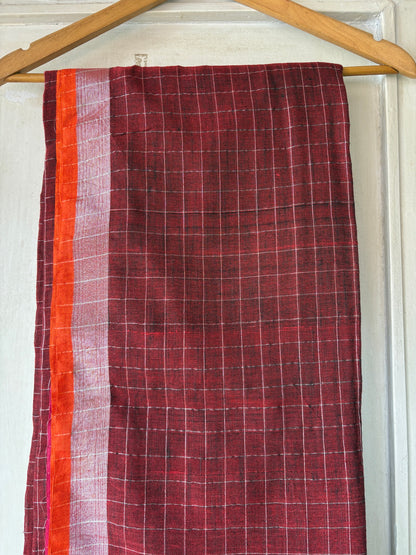 Linen handwoven check saree - Maroon