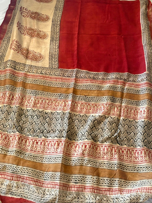 Meheswari hand block printed cotton silk saree - Red Beige