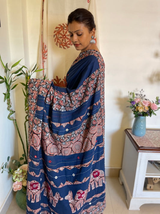 Handmade patchwork cotton saree - Royal blue