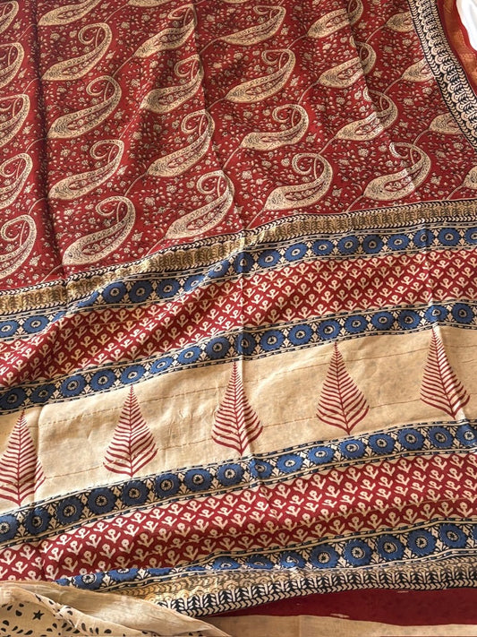 Meheaswari silk hand block printed saree - Red 2