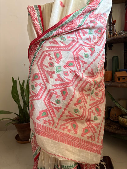 Handwoven pure cotton Jamdani saree - Lal paar 1