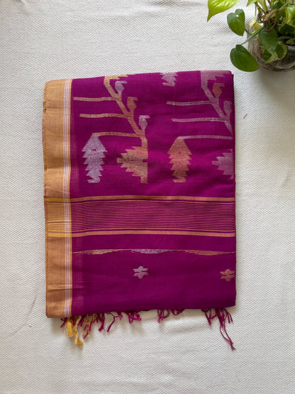 Pure cotton Jamdani saree with zari - Rani pink