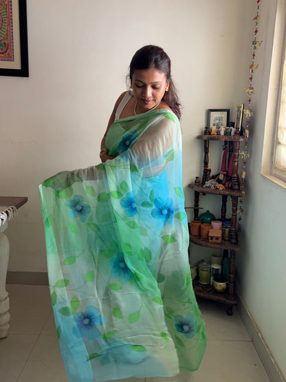 Hand painted pure chiffon saree - Bluish green
