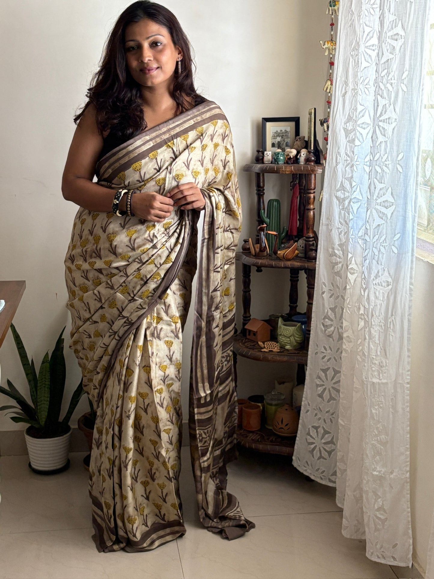 Naturally dyes Vanaspati Ajrak Modal silk saree - Beige brown