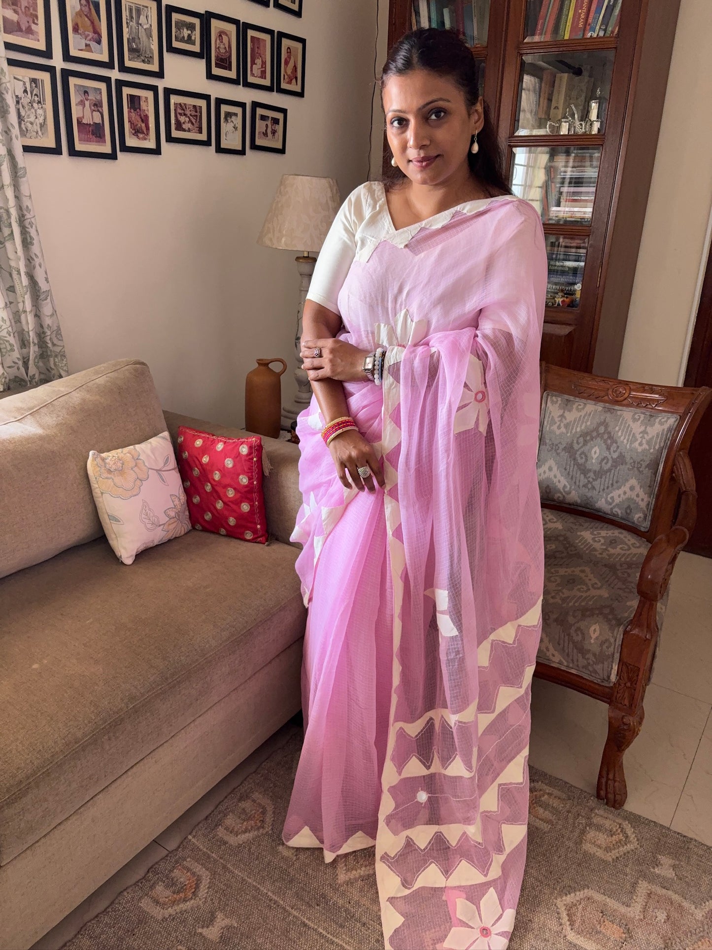 Kota cotton hand embroidered patchwork saree - Light pink