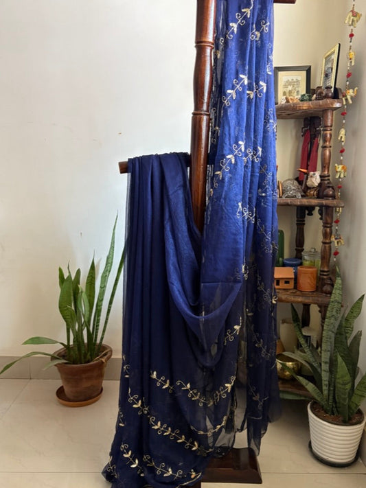 Zari Chiffon saree with beadwork - Navy Blue