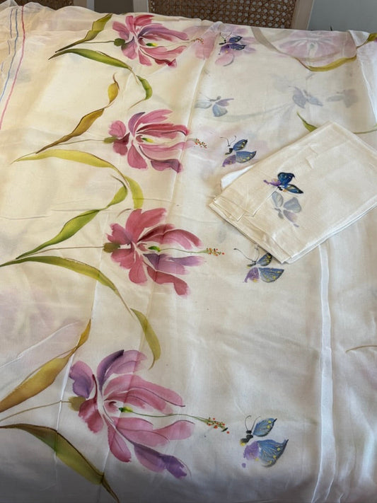 Handpainted chiffon saree - White