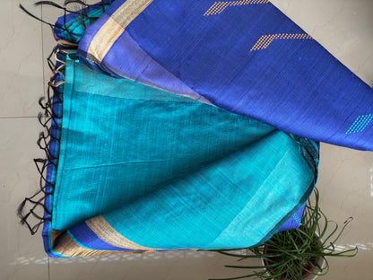 Pure 100% Tusshar silk with raw silk saree - Mohini Firoza blue