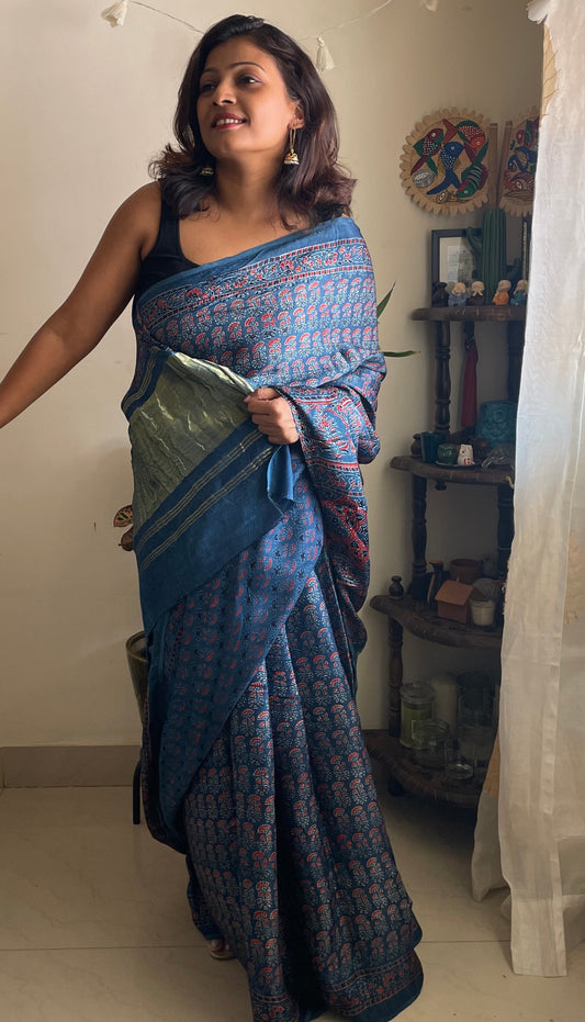 Modal silk saree with zari pallu - Blue