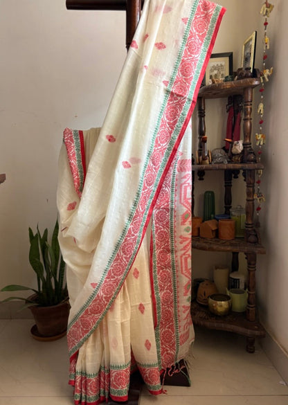 Handwoven pure cotton Jamdani saree - Lal paar 1