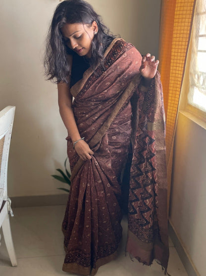 Maati - Handblock printed desi ghicha silk saree