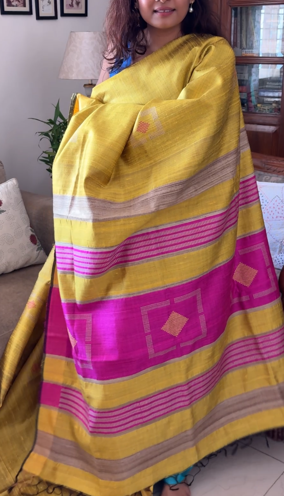 Pure Tusshar silk Handloom saree - Yellow pink