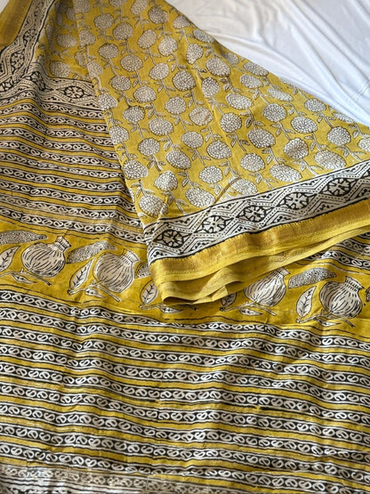 Maheshwari handblock print silk saree - Yellow Anar