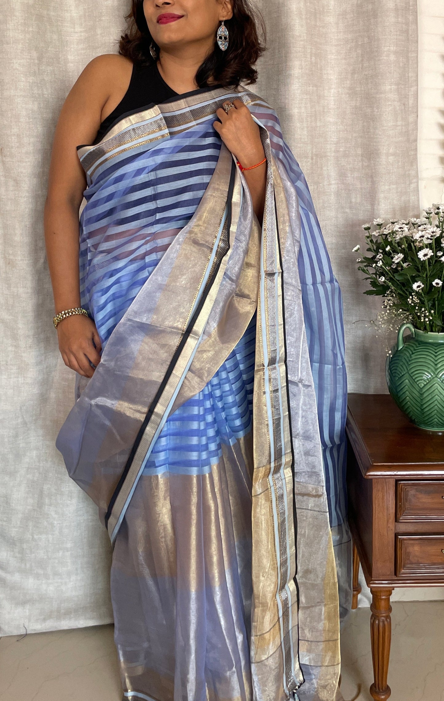 Pure Organza silk saree with tissue - Blue gold
