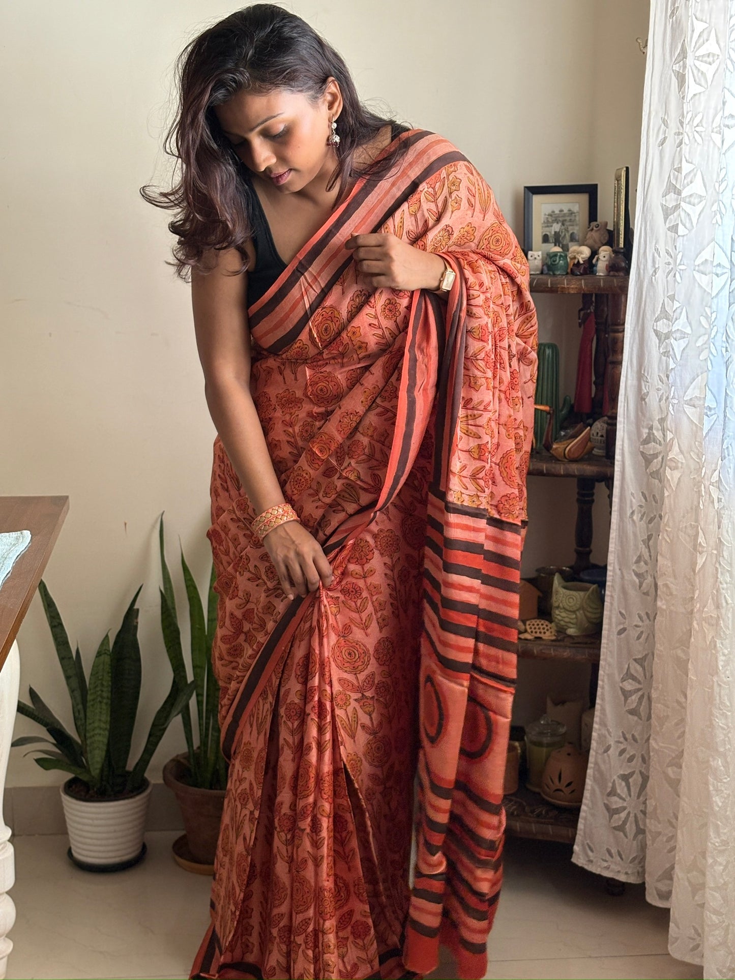 Naturally dyed Vanaspati Ajrak Modal silk saree - Earthy Red