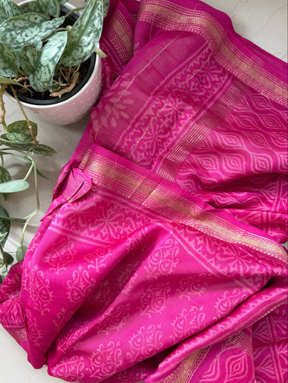 Maheshwari silk handblock printed saree - Rani Pink
