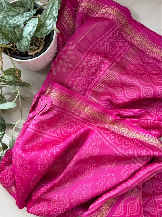 Maheshwari silk handblock printed saree - Rani Pink