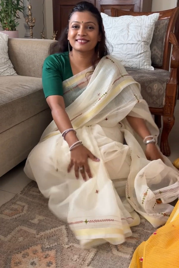 Kota Doria hand embroidered saree - Cream