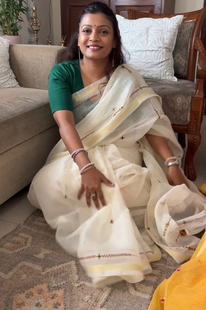 Kota Doria hand embroidered saree - Cream