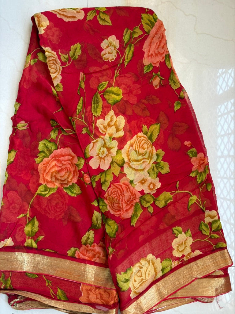 Printed pure chiffon saree - Red