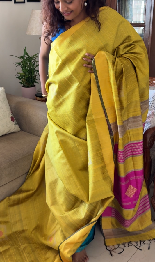 Pure Tusshar silk Handloom saree - Yellow pink