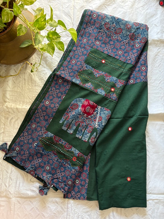 Cotton patchwork saree - Green indigo