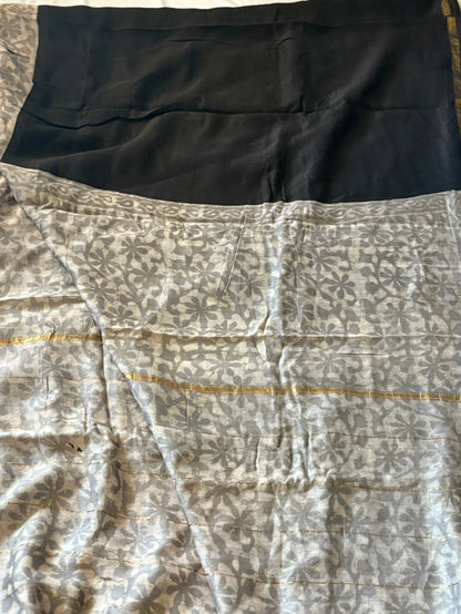 Hand block printed cotton silk saree - Black Grey