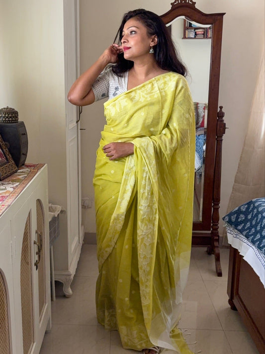 Handloom soft cotton Jamdani saree - Yellow