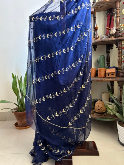 Zari Chiffon saree with beadwork - Navy Blue