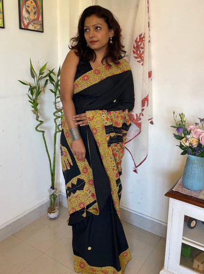 Handmade Patchwork cotton saree - Black