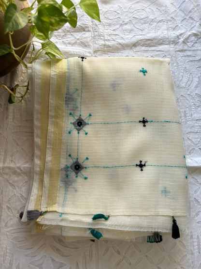Kota Doria hand embroidered saree - White