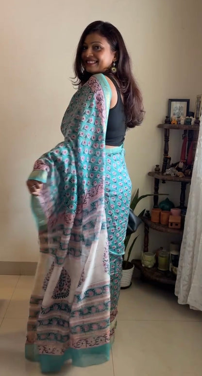 Maheshwari silk hand-block print saree - Green Phool