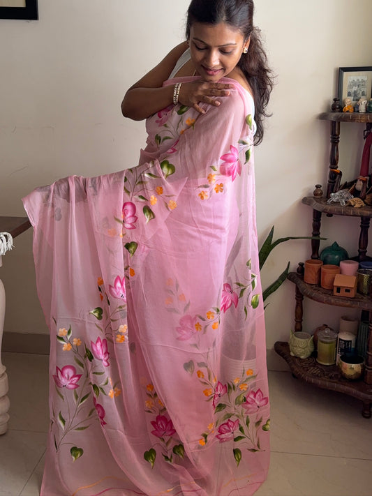 Handpainted Chiffon saree - Pink2