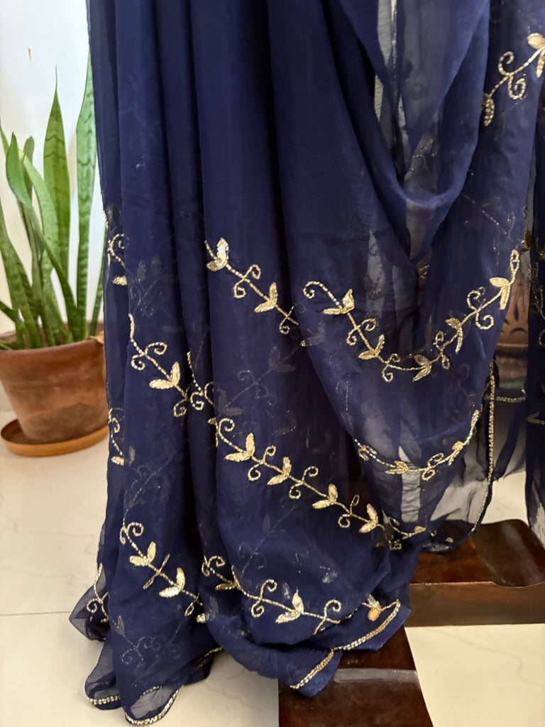 Zari Chiffon saree with beadwork - Navy Blue