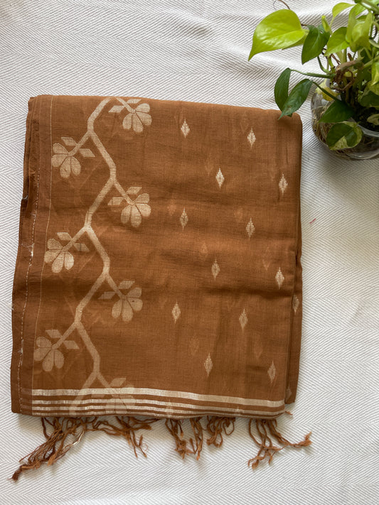 Pure soft cotton Jamdani saree - Earthy brown