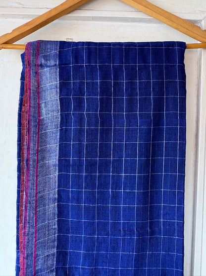 Linen handwoven check saree - Blue