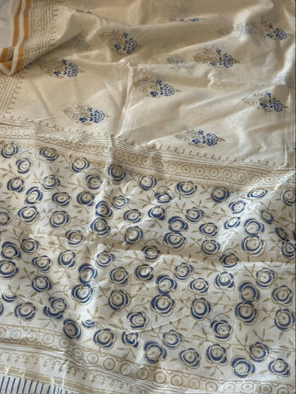 Hand block printed cotton silk saree - white