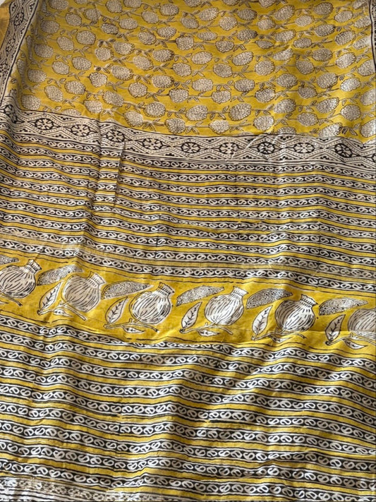 Maheshwari handblock print silk saree - Yellow Anar