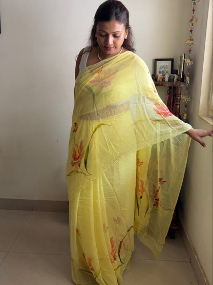 Handpainted chiffon saree - Yellow