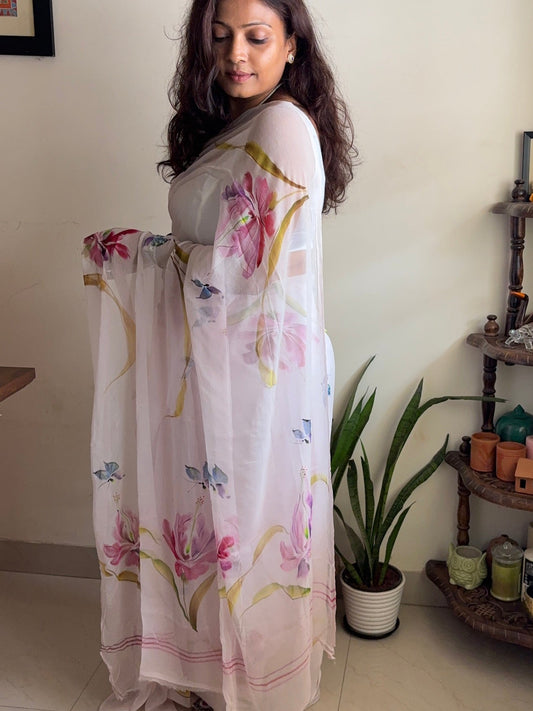 Handpainted chiffon saree - Blush Pink