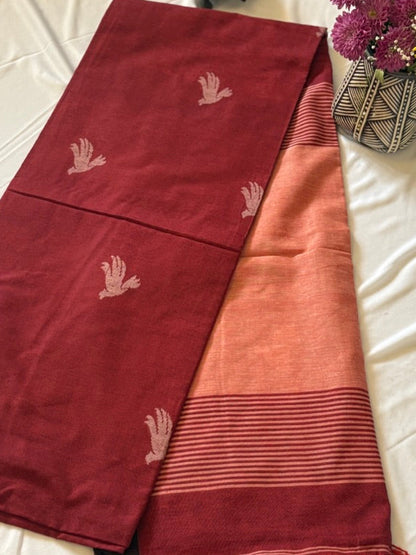 Handwoven cotton Jamdani saree - Bird motif